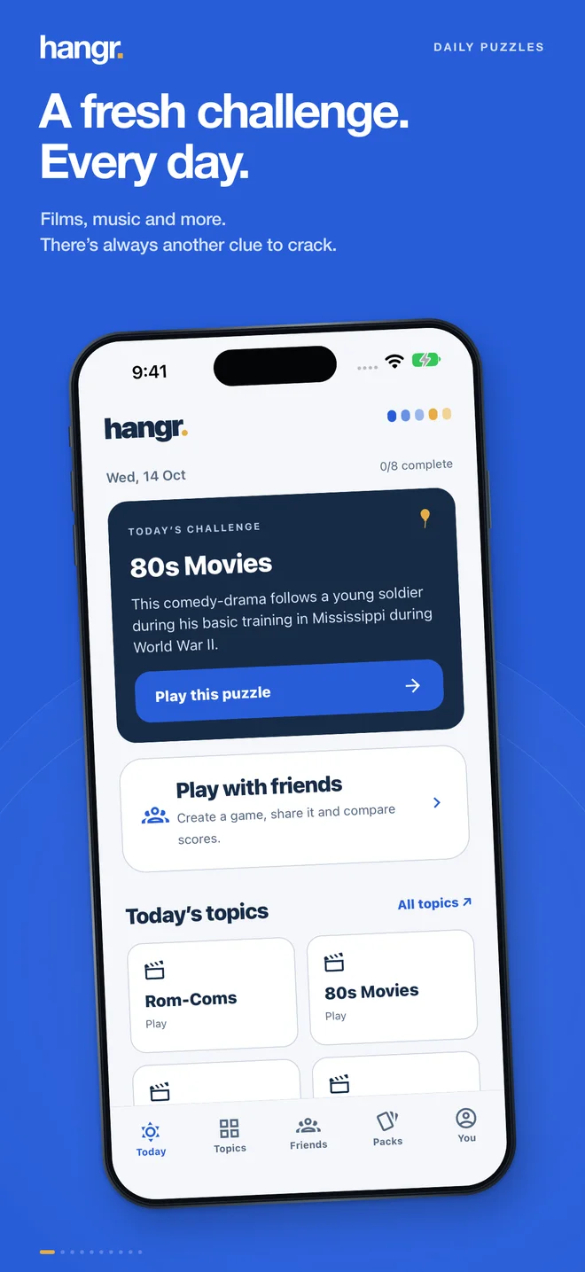 The Hangr daily games screen on an iPhone simulator